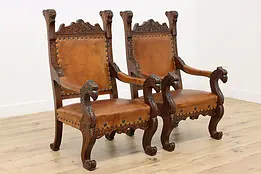 Pair of Antique Renaissance Leather Armchairs, Griffins #47039