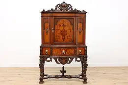 Renaissance Antique Carved China or Bar Cabinet, Marquetry #47580