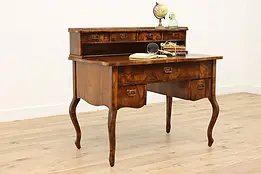 Italian Antique Olive Burl Office Library Desk, Leather Top #39557