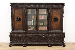 Renaissance Antique Oak Office Library Bookcase Carved Figures #47600