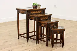 Set of 4 Vintage Chinese Carved Teak & Glass Nesting Tables #47551