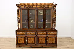 Chinese Vintage Carved Teak Breakfront China Cabinet Dragons #47550