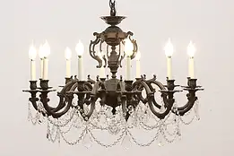 Large Vintage 12 Candle Chandelier, Dark Bronze, Crystal Prims #47311