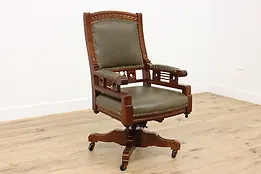 Victorian Eastlake Antique Cherry Swivel Desk Chair, Leather #47281