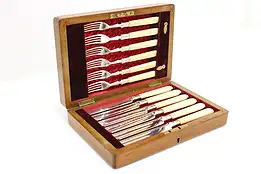 English Antique 12 Pc Bone Handle Knife & Fork Set, Case L&W #47797