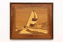 Sailboat on Lake Vintage Marquetry Inlaid Wall Plaque 27" #47430