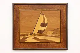 Sailboat on Lake Vintage Marquetry Inlaid Wall Plaque 27" #47430