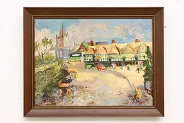 French Street Market Vintage Original Oil Painting 18.5" #46999