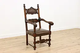 Renaissance Antique Carved Walnut Hall Throne Chair, Leather #47581