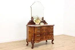 Italian Antique Carved Walnut Dresser Chest, Mirror, Marble #47554