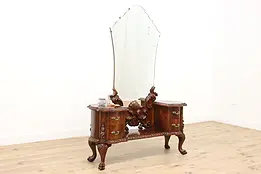 Italian Antique Carved Walnut Vanity Dressing Table, Mirror #47555