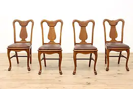 Set of 4 Oak Victorian Antique Carved Dining Chairs Leather #47634