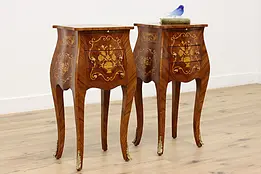 Pair of Vintage Marquetry Bombe Nightstands or End Tables #47416