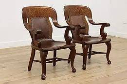 Pair of Empire Design Antique Carved Oak & Leather Chairs #47335