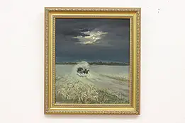 Moonlight Escape Antique Original Oil Painting, Signed 22" #47646