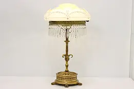 Bronze Antique Lamp, Etched Mushroom Glass Shade, Prisms #46019