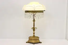 Bronze Antique Lamp, Etched Mushroom Glass Shade, Prisms #46019