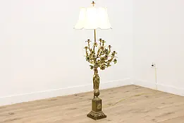 Brass Antique Floor Lamp & Sculpture, Candle Holder, Shade #46505
