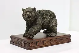 Farmhouse Vintage Statue Bronze Bear Sculpture & Carved Base #47077