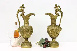 Pair of Renaissance Antique Mantel Ewers Cherubs Grapes Rams #47565