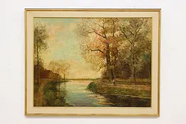 Dutch River Scene Antique Original Oil Painting Kauten 44" #47716