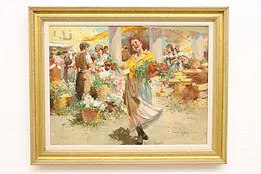 Woman & Flowers Vintage Original Oil Painting Vizkeleti 38" #47735