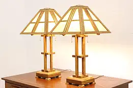 Pair Arts & Crafts Vintage Oak Stained Glass Craftsman Lamps #46691