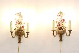 Pair of Antique Brass Wall Sconce Lights, Porcelain Flowers #45355