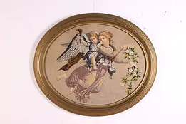 Victorian Antique Framed Woman & Cupid Needlepoint w/ Beads #47705