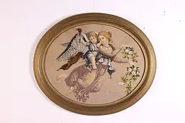 Victorian Antique Framed Woman & Cupid Needlepoint w/ Beads #47705