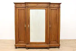 Italian Antique Triple Walnut Armoire Wardrobe Closet Mirror #40281