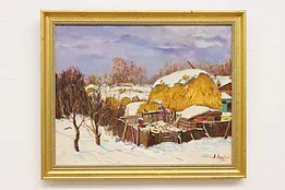 Winter Haystacks Vintage Original Oil Painting, Signed 22.5" #42097