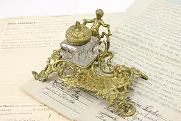 Classical Antique Brass Office Library Desk Inkwell, Cherub #47052