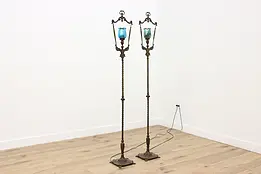 Pair of Antique Lantern Floor Lamps, Art Glass Shades #43752