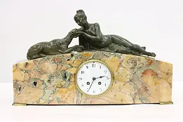 French Art Deco Antique Marble Mantel Clock Bronze Statue #38713