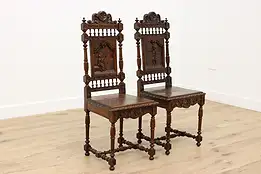 Pair of Antique Oak French Brittany Chairs, Carved Couple #47066