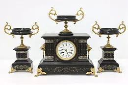 French Antique 3 Pc Marble & Slate Mantel Clock Set, Lions #39346