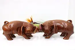 Pair of Bali Vintage Statues Carved Mahogany Pig Sculptures #46689