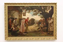 Meeting of Villagers Antique Original Oil Painting Lance 53" #48005