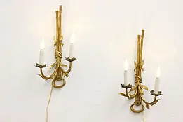 Pair of Vintage Brass Wall Sconce Lights, Flowers #45953