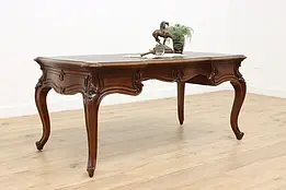 French Antique Carved Walnut Leather Top Office Library Desk #47865