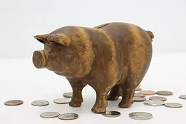 Farmhouse Vintage Carved Wood Pig Coin Piggy Bank #46648
