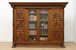 Renaissance Vintage Oak Bookcase Cabinet, Carved Scenes #48123