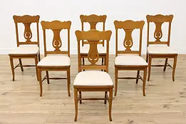 Set 6 Antique Carved Oak Dining Chairs, New Upholstery #48089