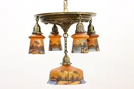 Hand Painted Art Glass Shades Vintage Light Fixture #48235