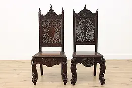 Pair of Indian Antique Rosewood Chairs Hand Carved Elephants #48351