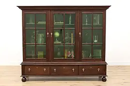 Dutch Antique Oak Triple Office Bookcase, Stained Glass #48133