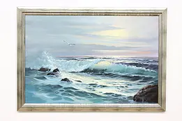 Ocean Waves & Moon Vintage Original Oil Painting Rowbury 40" #48394