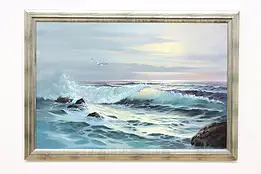 Ocean Waves & Moon Vintage Original Oil Painting Rowbury 40" #48394