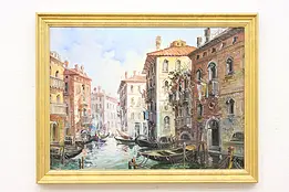 Venice with Boats Vintage Original Oil Painting Signed 30.5" #48405